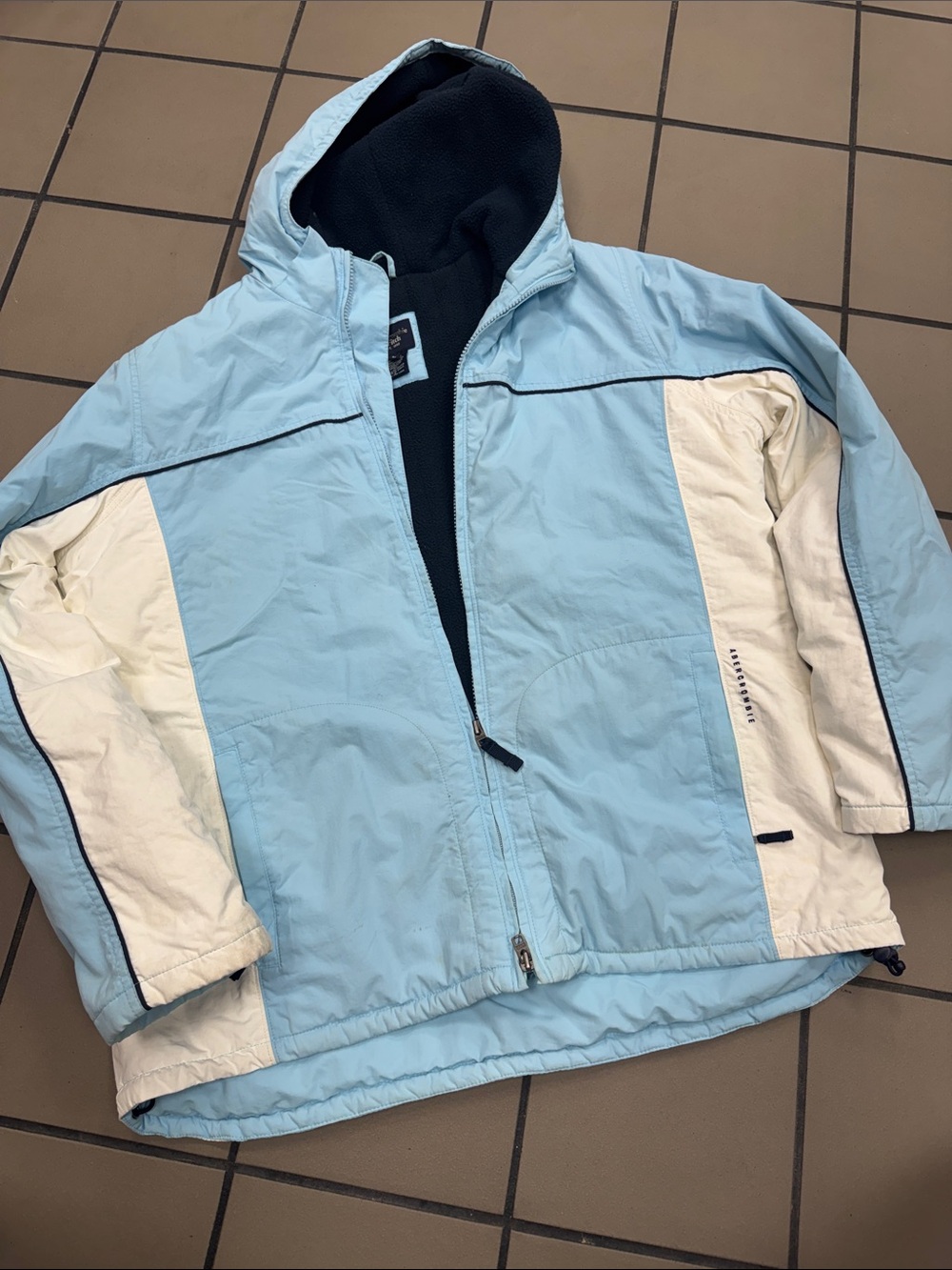 Abercrombie & Fitch Light Blue and White Hooded Puffer Jacket